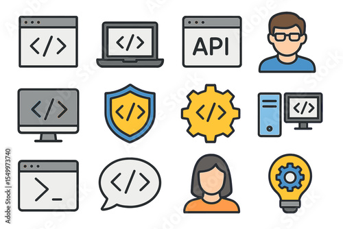 This icon set is related to programming and coding, and it includes a collection of software development icons, such as code, api, programmer, developer, information technology, coder, and many