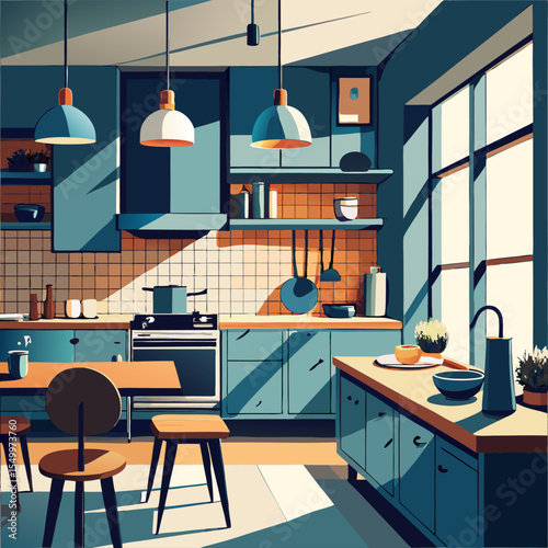 Flat Kitchen Scene Illustration – Slate Blue, Wood Brown, and Stainless Steel Gray Interior

