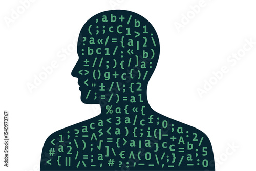 The notion of  or AI is represented by a human figure merged with programming code