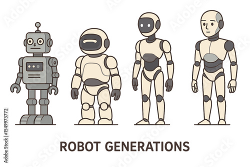 Robot generations and the evolution of robotics engineering, including robots, AI technology, and humanoid computer generations, depicted in a cartoon vector illustration
