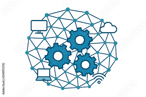 Vector illustration of virtual network design featuring a gears system set against a backdrop of technology, cyberspace, industry, and software