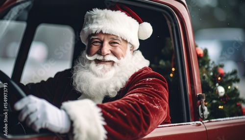 Portrait of Santa Claus with a smiling face ,with red cheeks, driving a red pickup truck. Generated image
