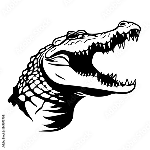 a black and white illustration of a crocodile or alligator with its mouth open and sharp teeth alligator, black, crocodile, head, illustration, logo, mouth, open, tooth , Generative art.