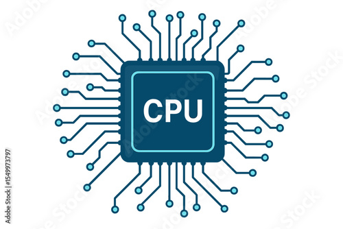 The CPU chip is located on the motherboard, representing the central computer processors and the CPU concept, which also encompasses quantum computers for large data processing and database concepts