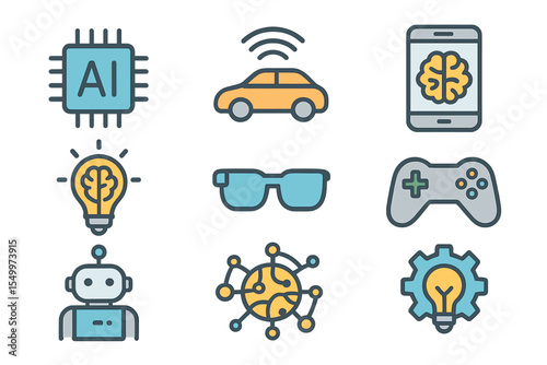 A set of simple flat icons representing digital vector  and electronic technologies is available, featuring concepts related to the internet of things, including chips, cars, and mobile brains