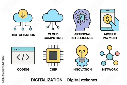 Digitalisation is represented by web icons including cloud computing, , mobile payment, coding, chip, vr glasses, innovation, and network