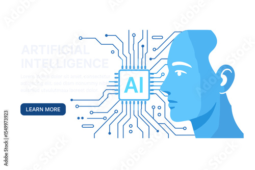 Design for a responsive web banner featuring an illustrated human face set against a high-tech background, symbolizing a  AI concept
