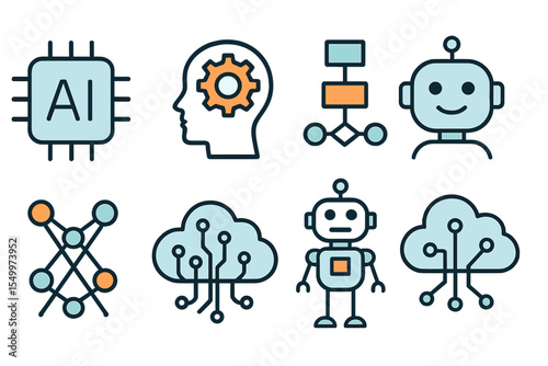 A collection of web icons in line style, including those for AI technology, is available for web and mobile applications, covering machine learning, digital AI, algorithms, smart robotics, and cloud