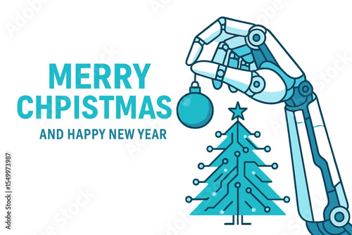 A modern technological backdrop for Christmas and New Year, complete with a cyborg arm adorned in festive decorations and a robotic hand trimming the tree, all in celebration of the holiday season