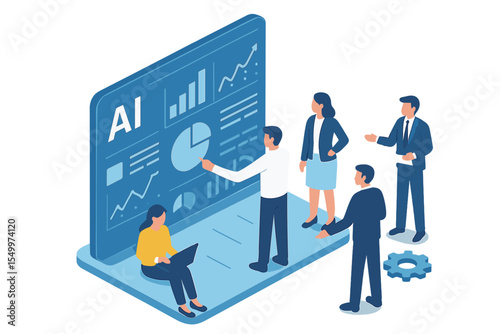 Data analytics management through isometric teamwork is displayed on a virtual screen HUD  dashboard with vector illustration statistics charts
