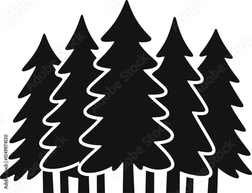 A silhouette illustration of five evergreen trees clustered together against a white background space