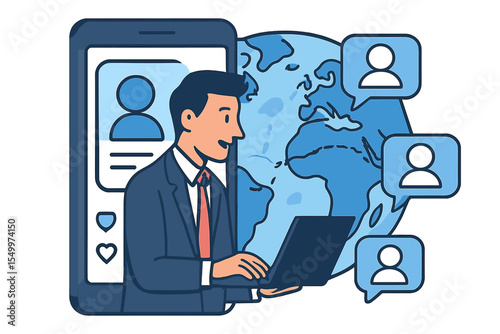 A businessman's vector representation showcases him working online through a mobile social media platform to communicate with global customers