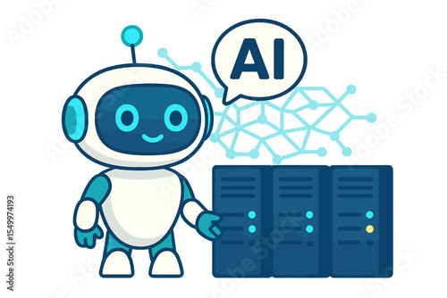A 3D  chatbot is depicted in a banner concept that incorporates a neural network robot and AI servers technology, representing online communication and support assistance through a cartoon