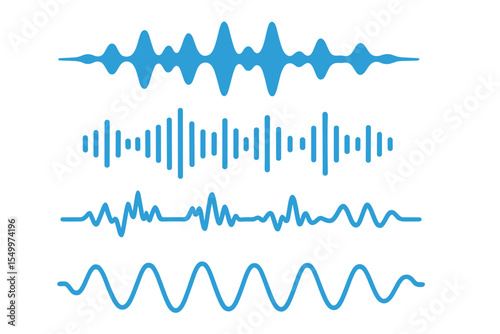 A collection of personalized audio waves, including frequency waveforms and music waves in a single color that can be easily recolored, along with a vector equalizer set and futuristic sound waves