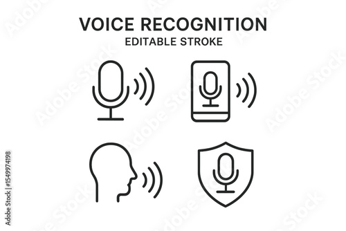 A set of editable stroke outline icons for voice recognition technology is presented in isolation on a white background as a flat vector illustration, with pixel perfection at 64 x 64 resolution