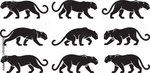 Silhouette Panther Vector Set Wildlife Animal Walking Stalking Jungle