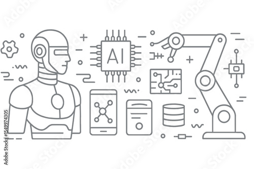 A horizontal monochrome banner featuring a robot, robotic arm, integrated circuits, and hi-tech devices, all drawn with contour lines on a white background, is available as a  vector