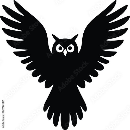 A silhouette of an owl with its wings spread wide against a plain white background in a simple design