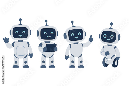 Robots with adorable screen faces are depicted alongside futuristic smart android assistants at work, showcasing AI technology and digital characters that resemble human-like machines with