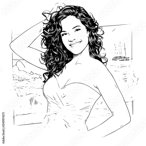 sketch of a young beautiful woman with curly hair in a dress, black and white illustration beautiful, black, drawing, dress, girl, hair, illustration, portrait, sketch, woman, young , Generative art.