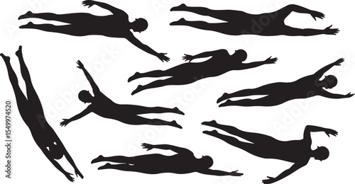 Silhouette Swimmer Vector Set Swimming Pool Athlete Sport Activity