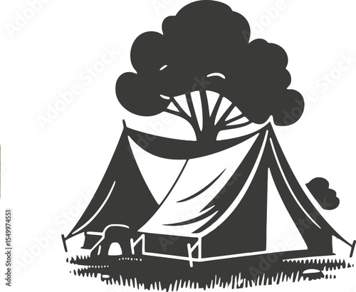 A black and white drawing of two tents situated beneath a large tree, evoking a camping scene outdoors silhouette