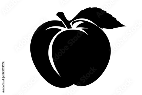 black silhouette of an apple with a leaf and a black pepper on a white background illustration apple, black, fruit, icon, illustration, leaf, pepper, silhouette , Generative art.