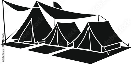 A monochrome illustration showing a group of tents in varying sizes with a canopy overhead setup outdoors silhouette