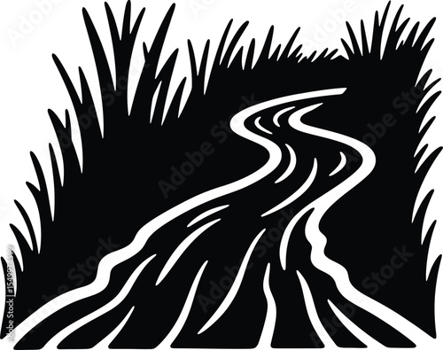 A simple black and white illustration of a winding river surrounded by tall grass on both sides silhouette