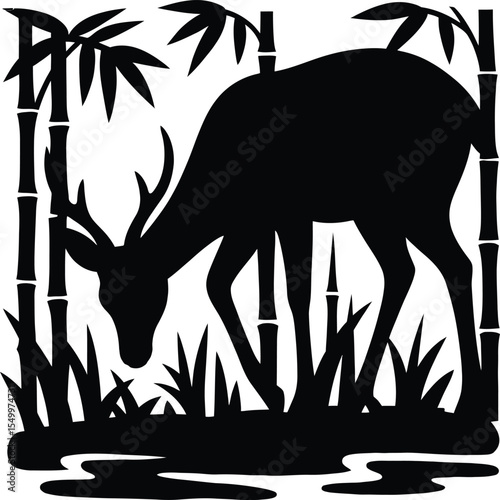 A silhouette of a deer grazing among bamboo stalks and tall grass in a black and white illustration