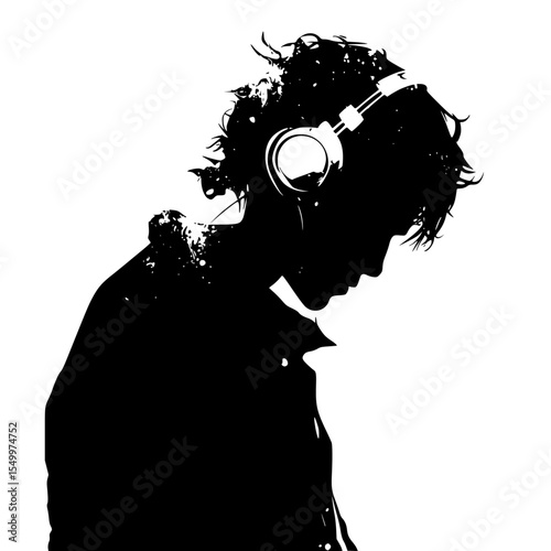 a black and white silhouette of a man wearing headphones black, head, headphone, man, music, silhouette, wear , Generative art.