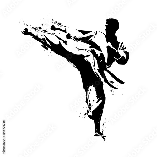 black silhouette of a man doing martial arts on a white background art, black, kick, man, martial, silhouette , Generative art.