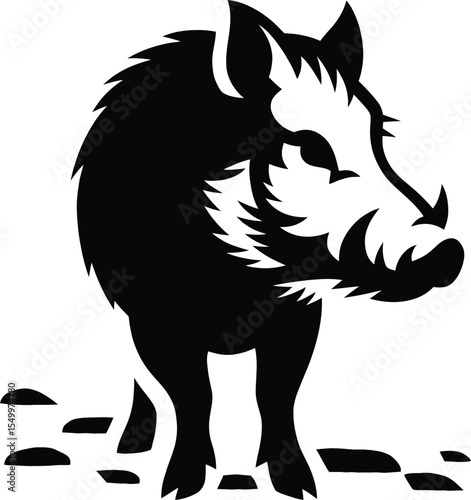 A stark black and white illustration of a wild boar with prominent tusks standing on uneven ground silhouette