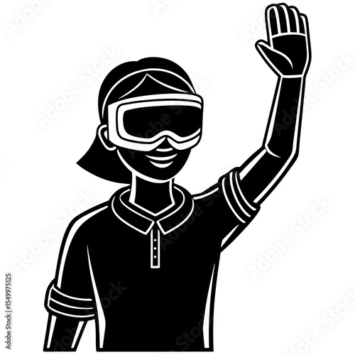 Woman wearing virtual reality headset waves isolated on white background