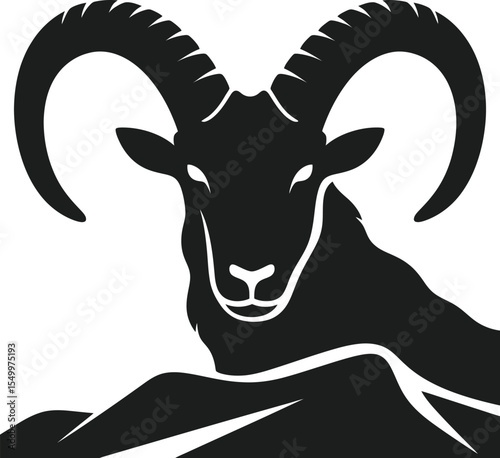 A black and white illustration of a ram with large horns standing on a rocky mountain top view silhouette
