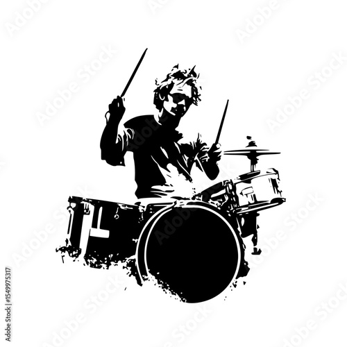 black silhouette of a man playing drums on a white background black, drum, drummer, man, play, silhouette , Generative art.