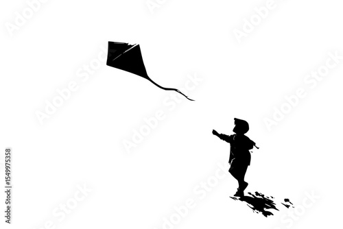 a black and white silhouette of a little boy flying a kite in the sky black, boy, child, fly, kite, little, person, silhouette, sky, young , Generative art.