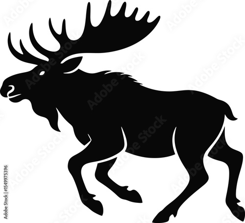 A striking black silhouette of a moose with large antlers in full stride against a white backdrop