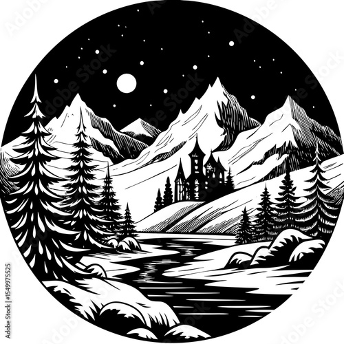 Snowy mountains and castle under a starry moonlit night landscape