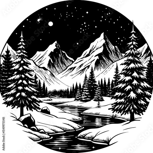 Snowy mountain landscape with river and pine trees under starry sky