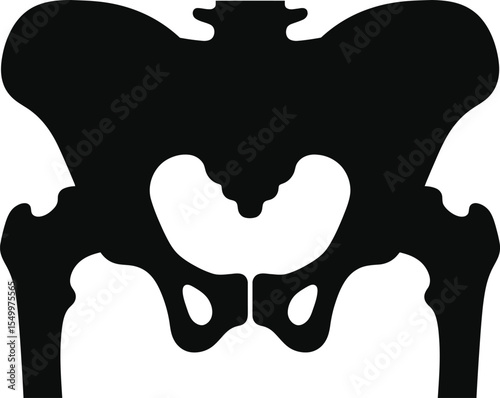 A stylized black silhouette of a human pelvis with femurs extending downwards on a white background