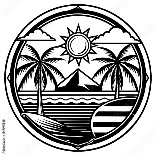 Tropical beach with palm trees surfboard and sun in a circle