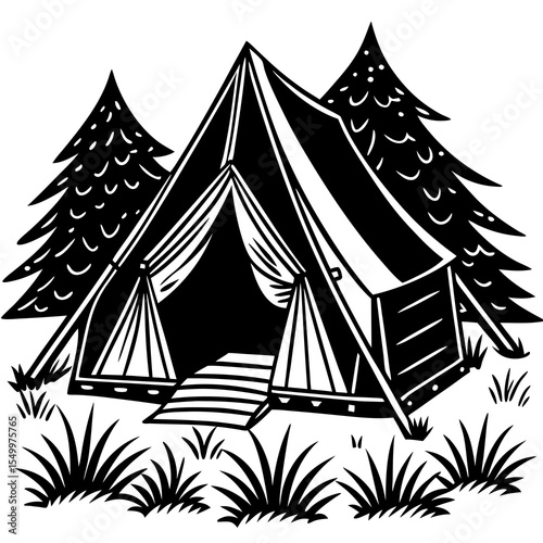 Camping tent in the forest with trees and grass