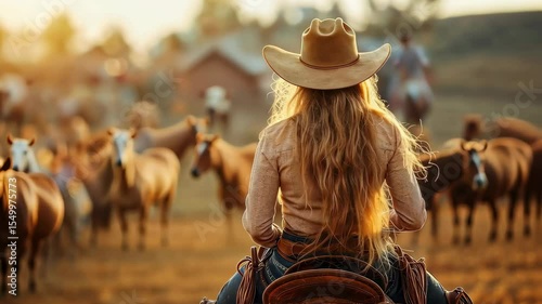 Young woman cowboy with long hair riding horse at sunset while watching a herd of horses on a ranch in warm golden light