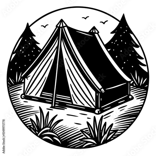 Camping tent with trees and grass in a circle