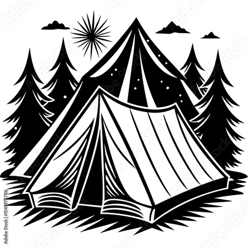 Camping tent in the forest with sun shining