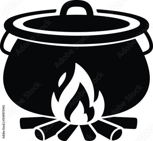 Campfire Cooking Pot Over Open Fire,  Black and White Illustration