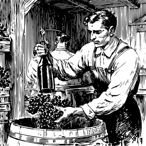 a black and white illustration shows a man and a woman tasting grapes barrel, black, bucket, grape, illustration, man, person, show, wine, woman , Generative art.