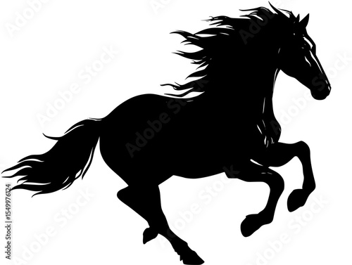 the black silhouette of a galloping horse on a white background black, horse, leg, run, silhouette , Generative art.
