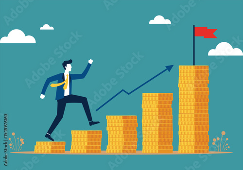 Businessman running upstairs, a financial concept of career growth and success